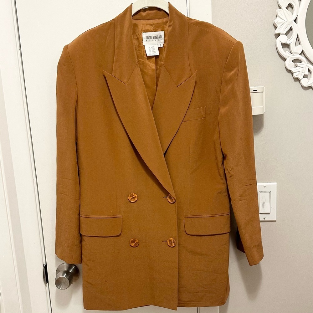 Vintage Hugo Buscati Milano 100% Silk Double Breasted Blazer Jacket 8 Caramel